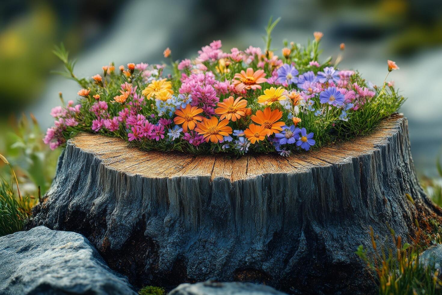 A stump with flowers on it in the middle of a field photo
