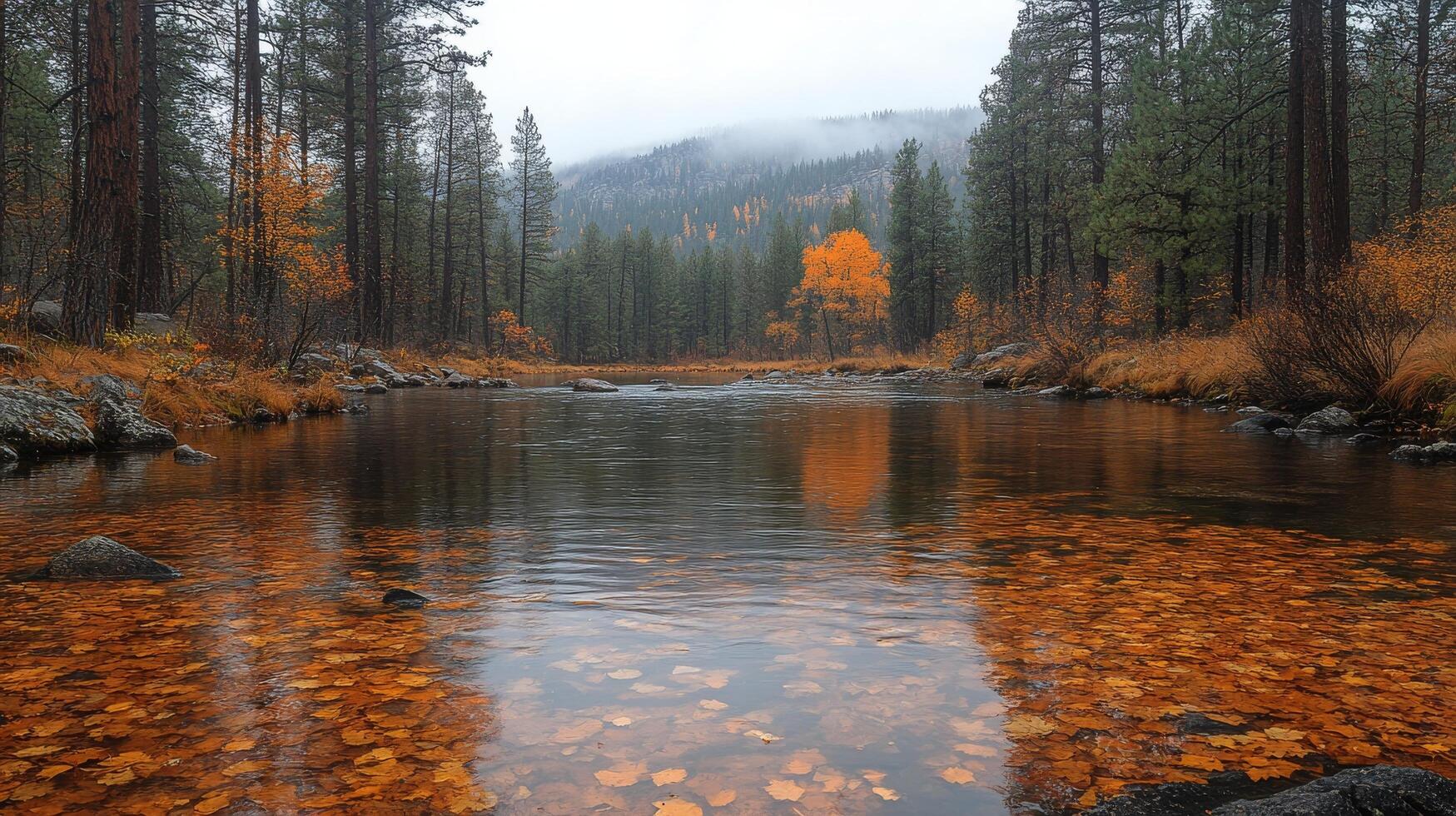 A river surrounded by trees and leaves in the fall photo