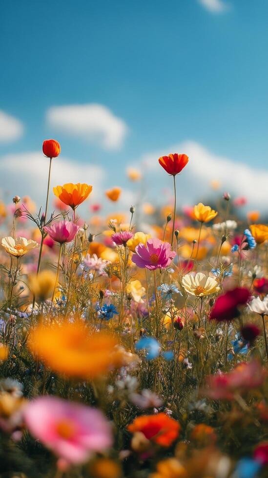 Vibrant wildflower field with a clear blue sky and fluffy clouds in a sunny season photo