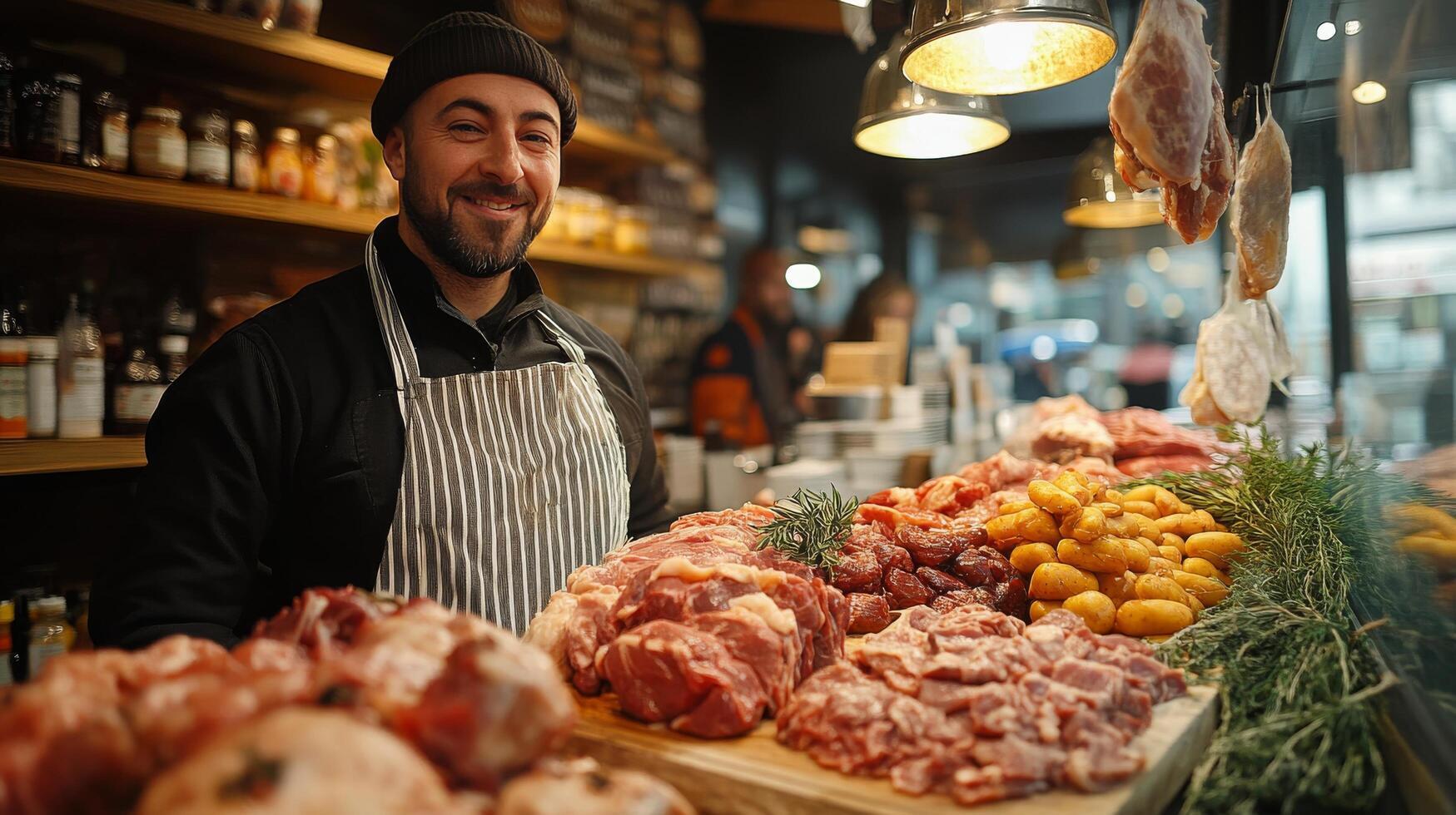 A smiling man standing in front of a butcher's counter photo