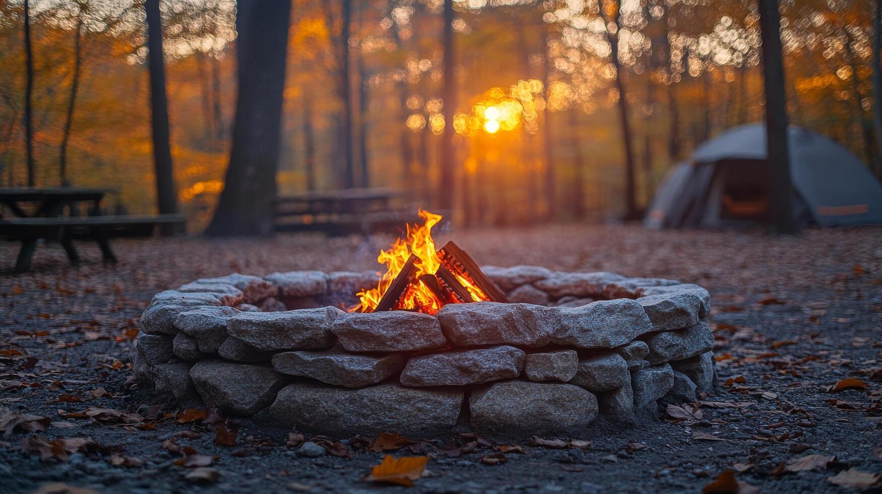 A campfire in the woods at sunset photo