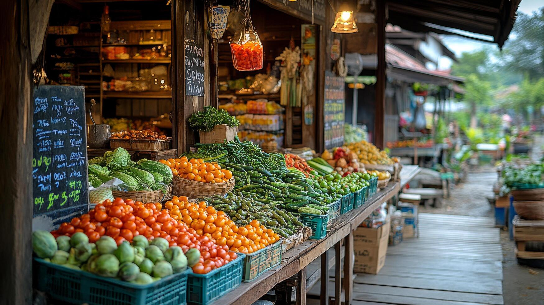 Colorful fruit market displays fresh produce in a rural setting during daytime photo