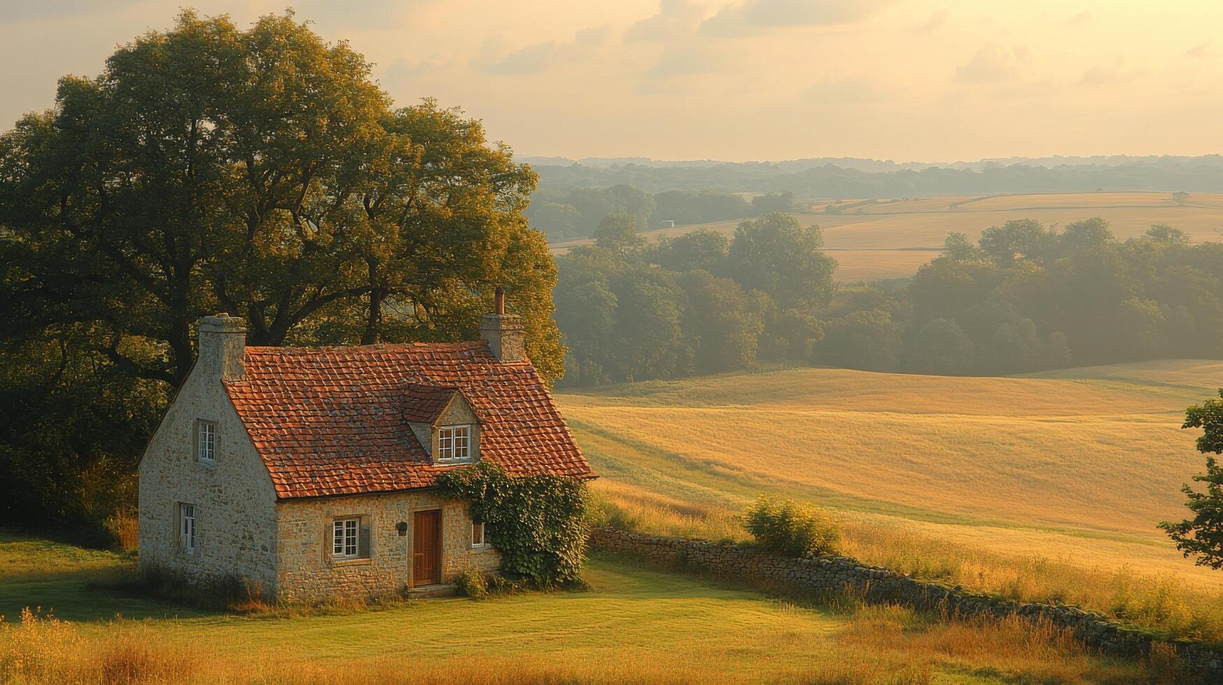 Cozy red brick cottage surrounded by golden fields under a cloudy sky photo