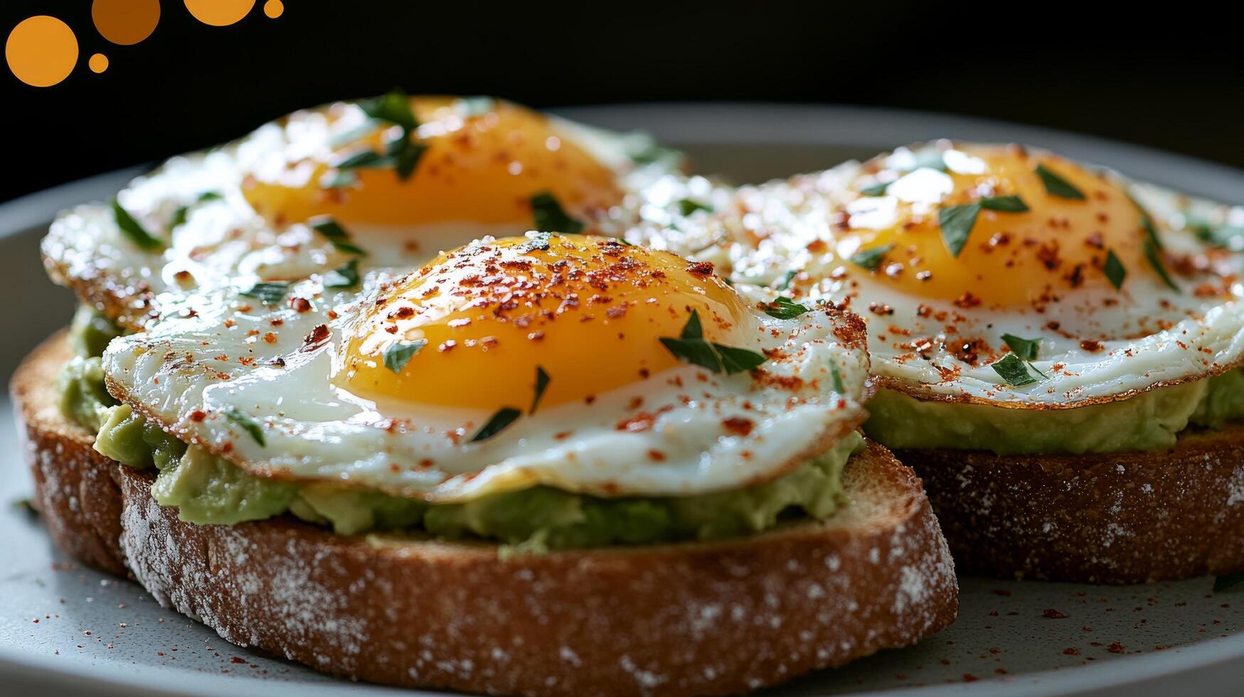 Delicious breakfast toast topped with avocado, fried egg, and spices served on a wooden table photo