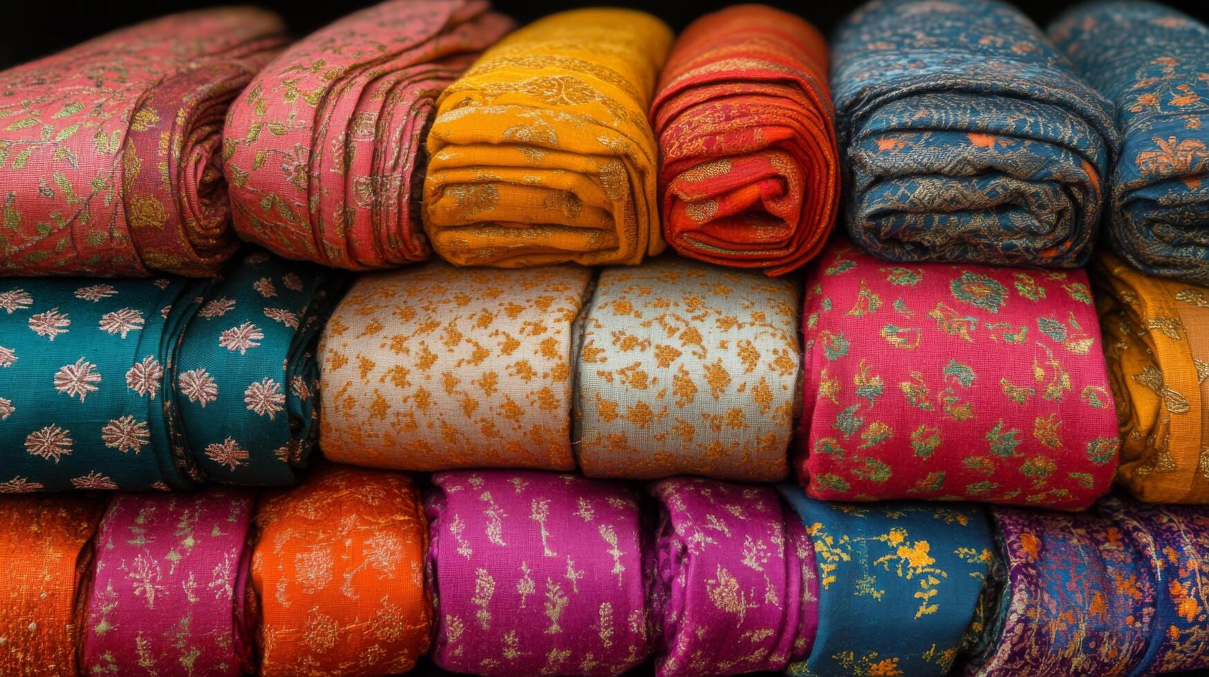 Vibrant textile display with intricate patterns in a traditional fabric shop photo