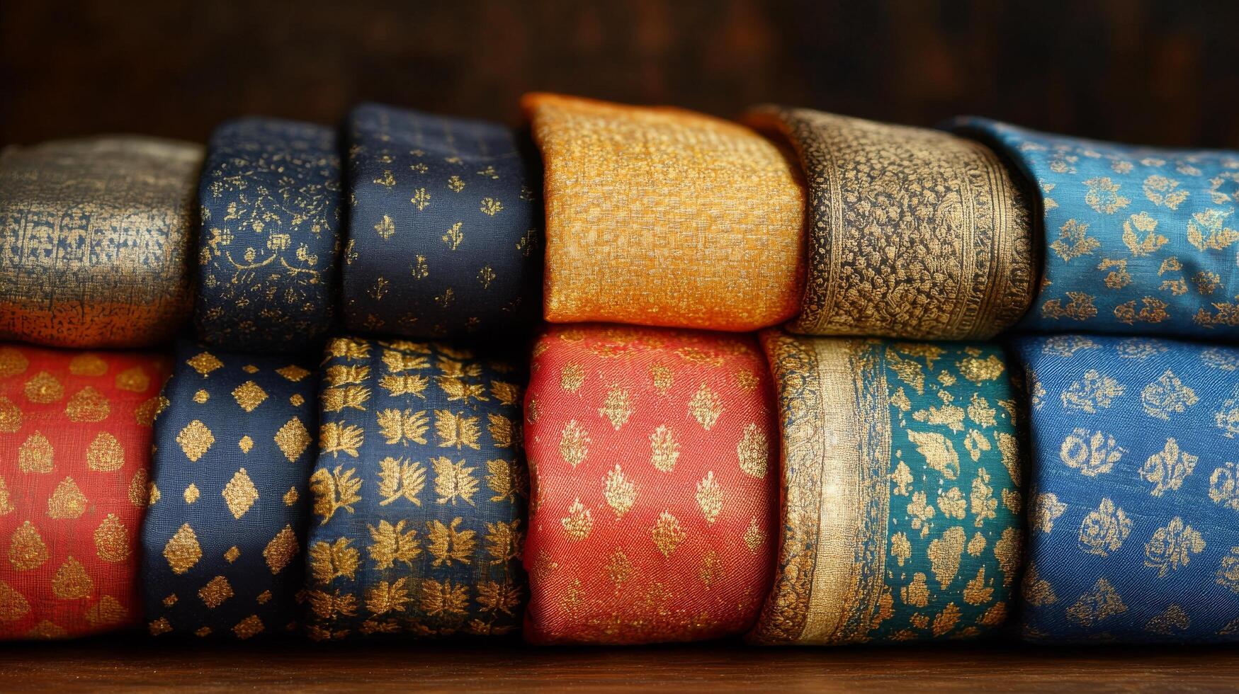 Colorful traditional fabrics displayed elegantly on a wooden table, showcasing intricate designs and textures photo