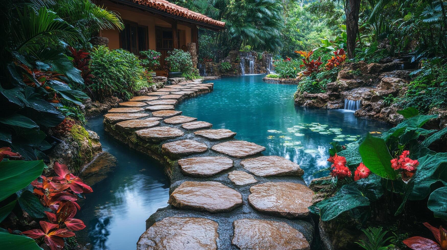 Serene pathway through lush greenery beside tranquil waterway in a tropical setting photo