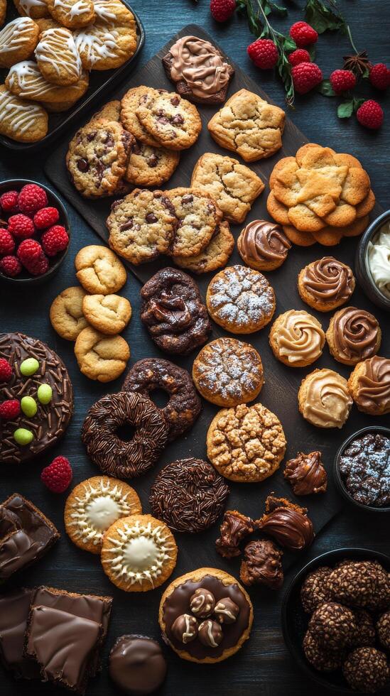 Assorted homemade cookies arranged on a table with various textures and flavors displayed photo