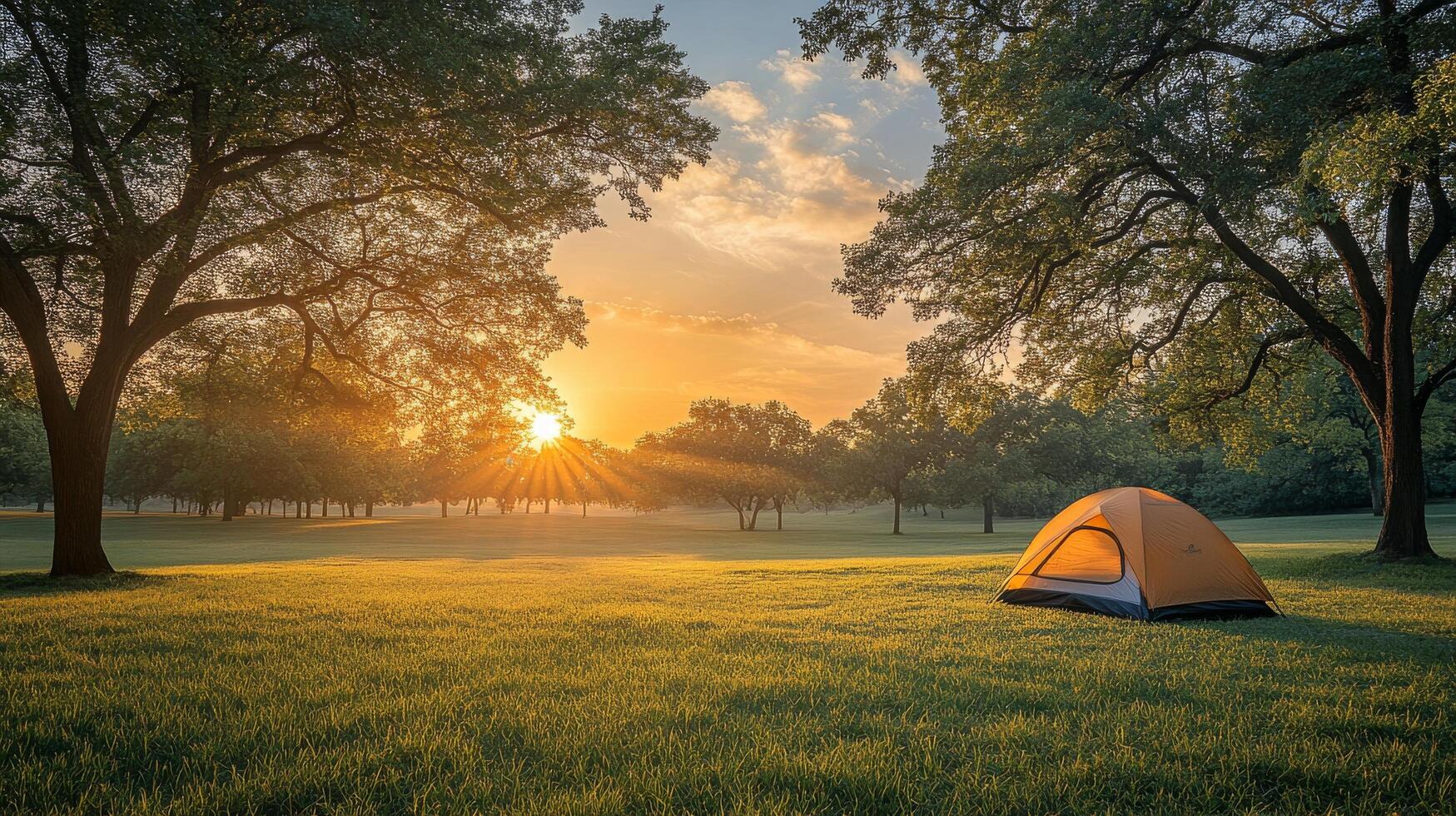A tent is set up in the middle of a field at sunset photo