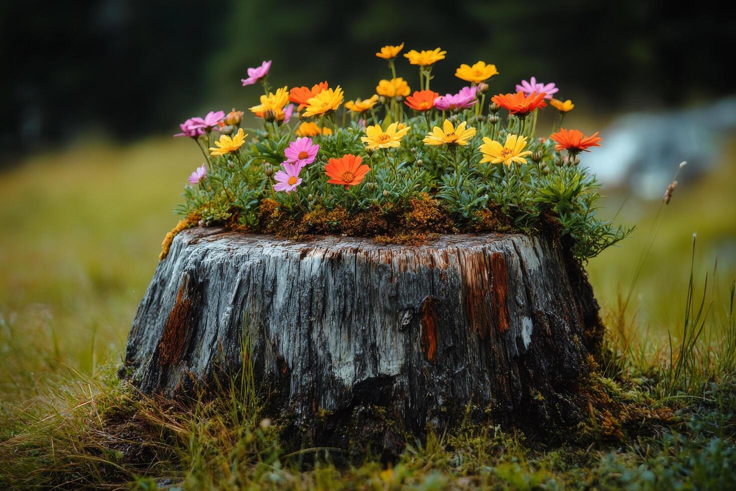 A flower pot sitting on top of a stump photo