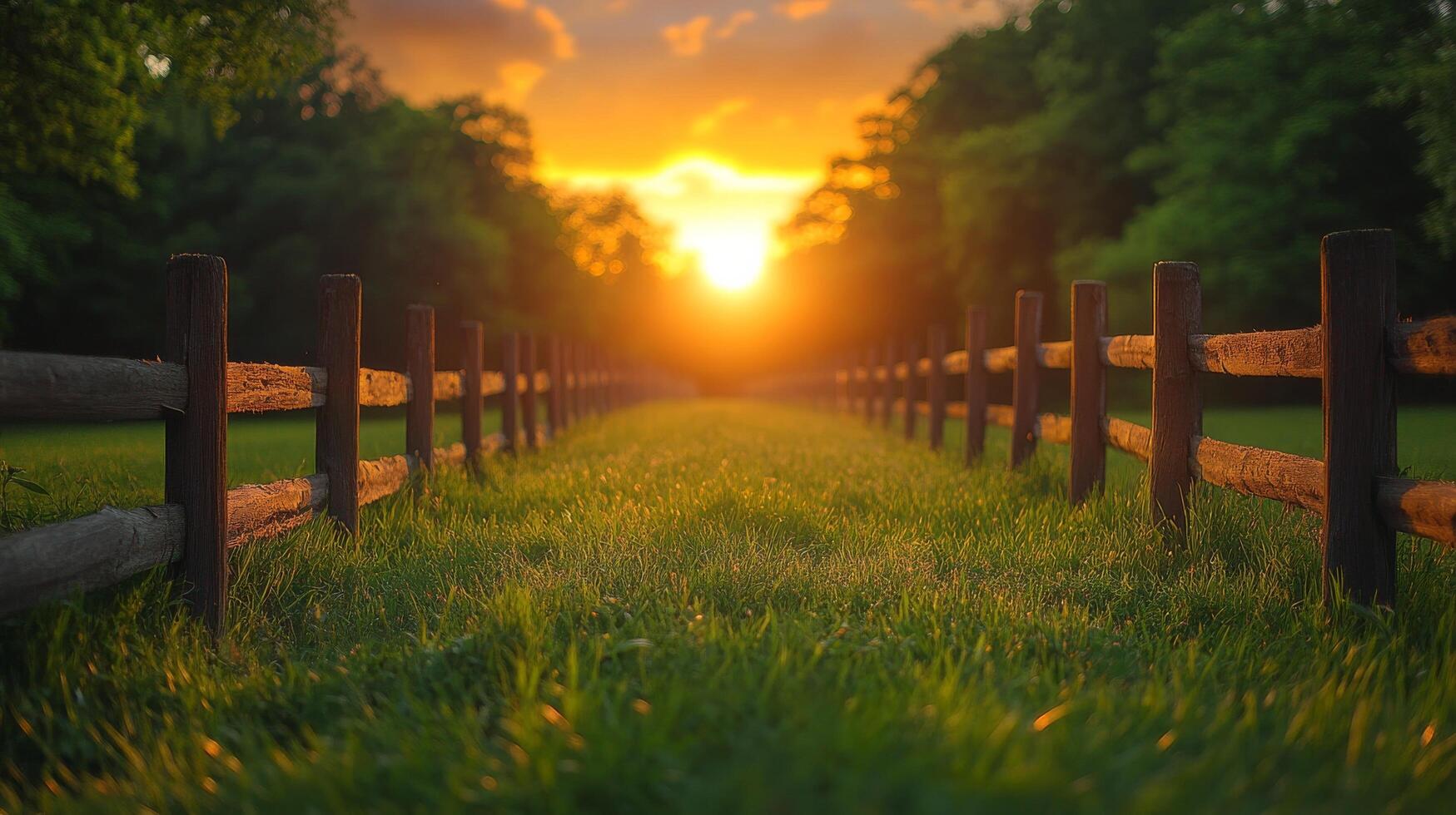 A fence line in the grass with the sun setting behind it photo