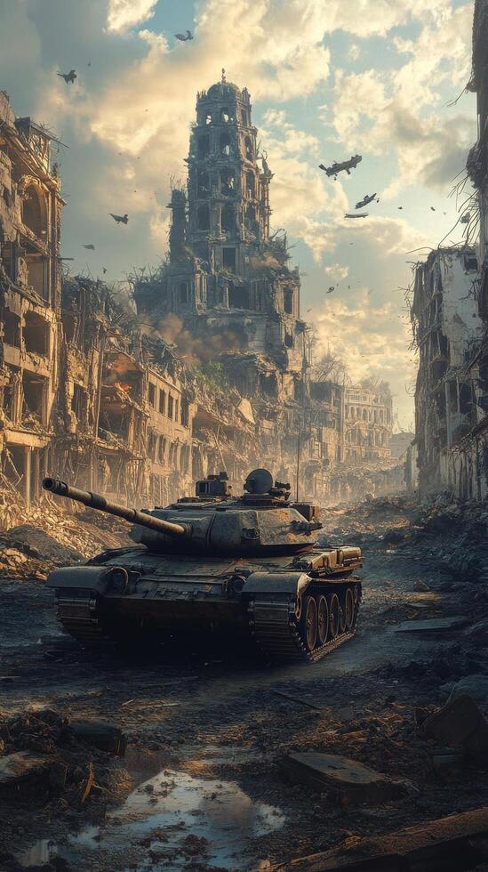 A tank in the middle of a destroyed city photo