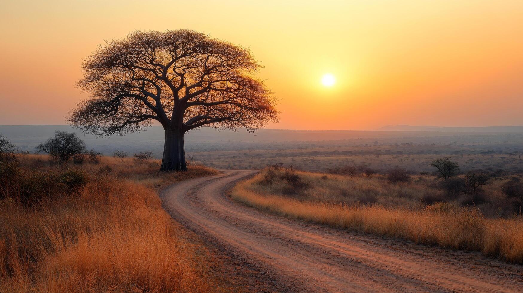 Majestic tree silhouetted against vibrant sunset in open landscape photo