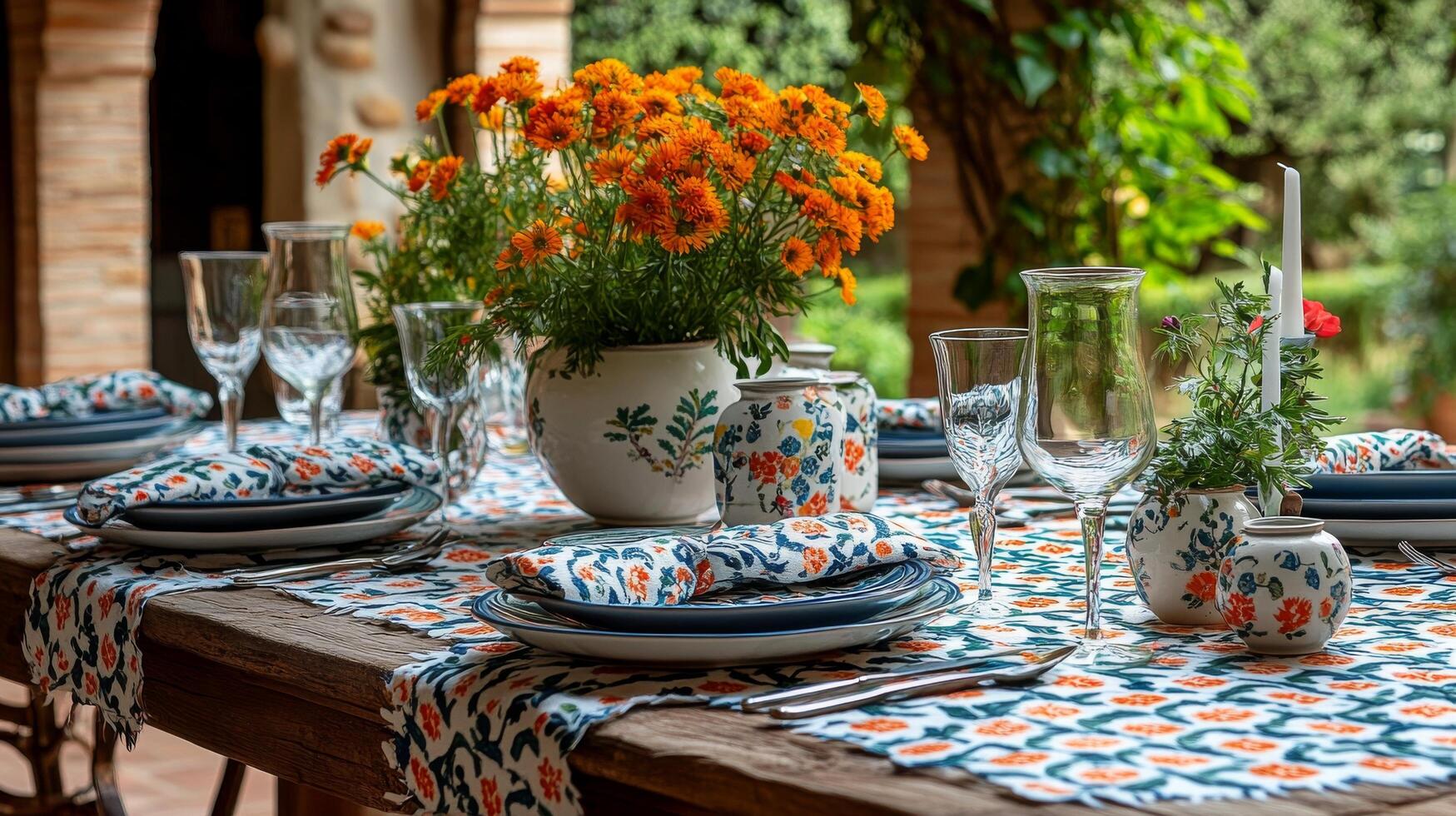 A table set with blue and orange floral patterned place settings photo