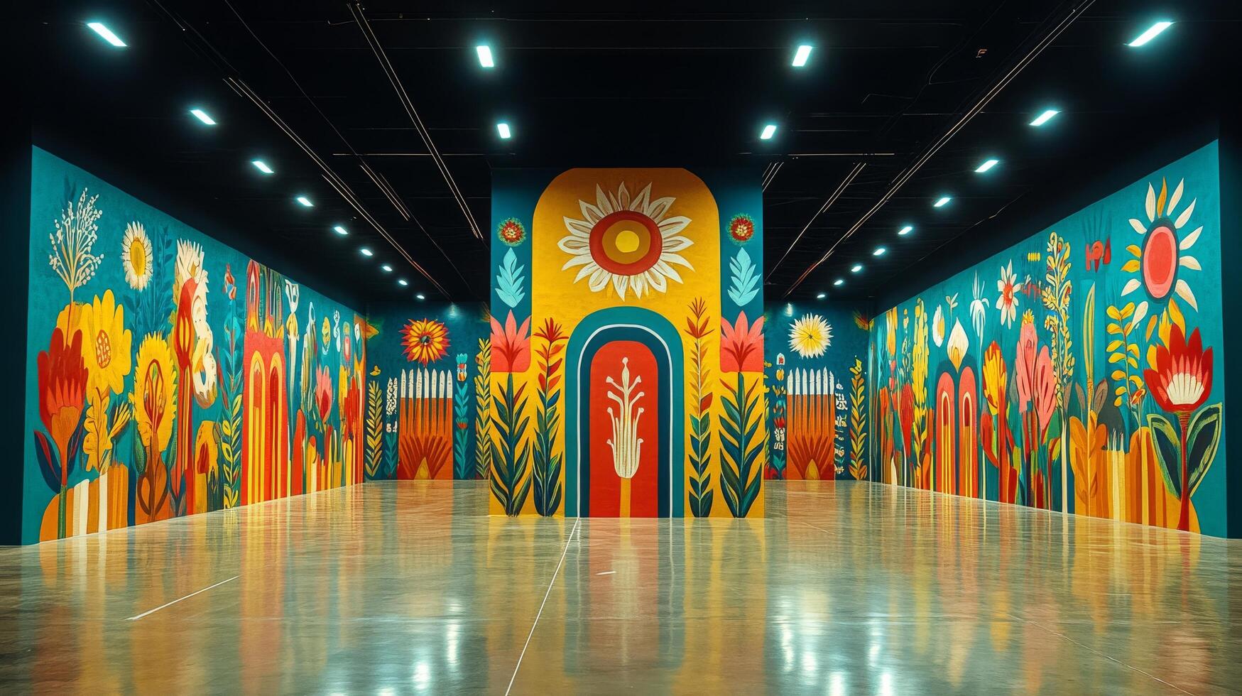 A large room with colorful paintings on the walls photo