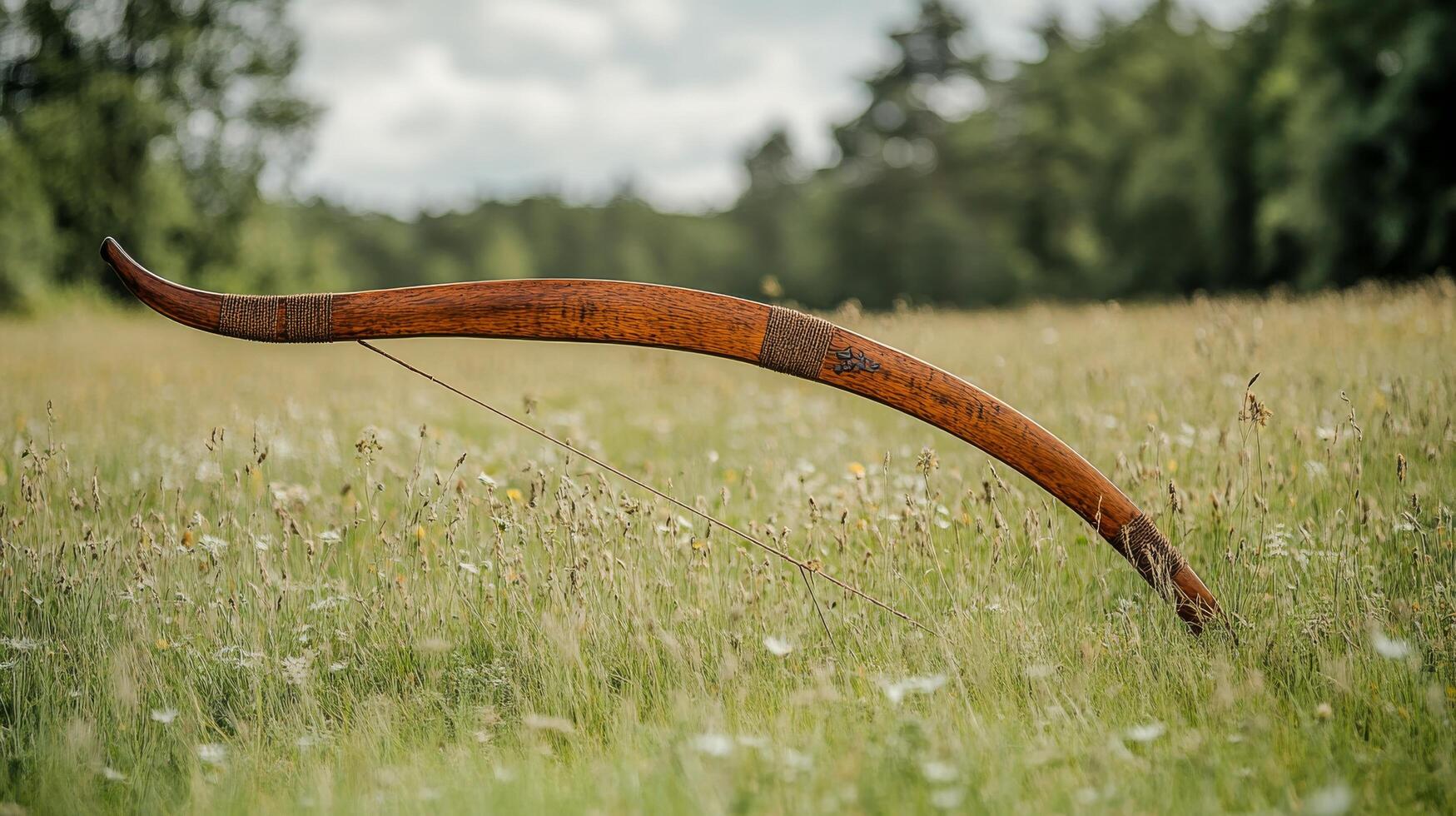 A wooden bow is sitting in a field of grass photo