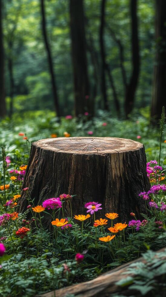 A tree stump surrounded by flowers in a forest photo