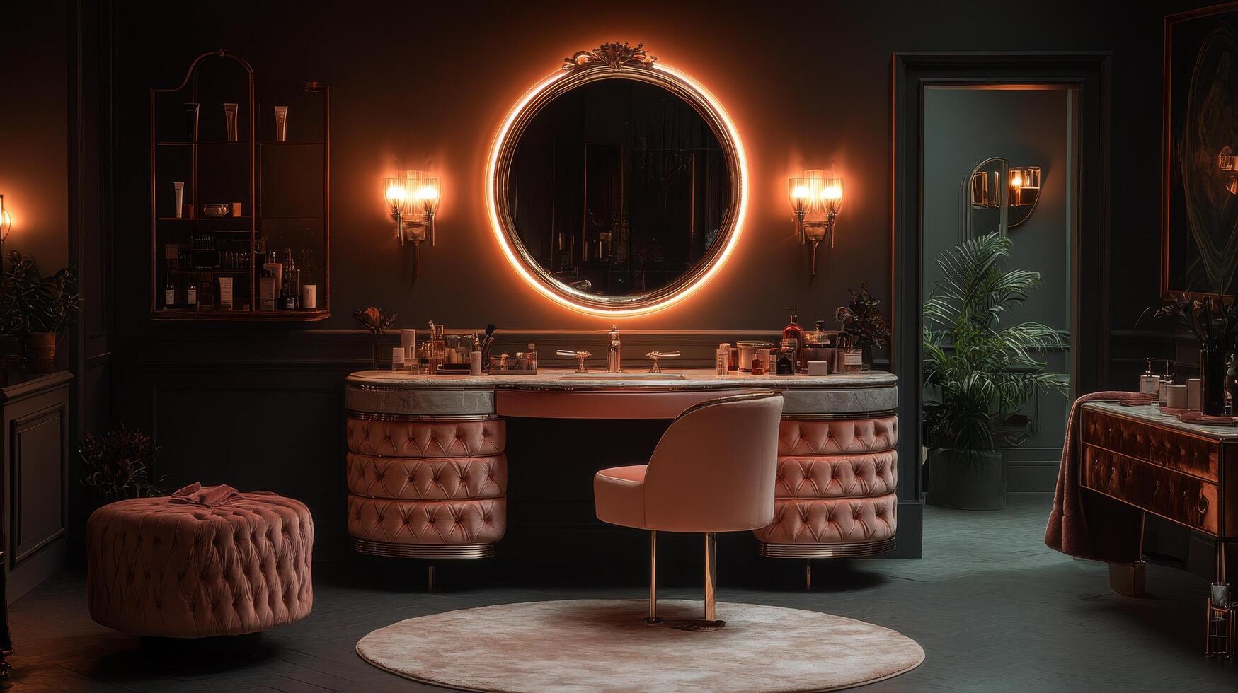 A bathroom with a vanity, mirror and pink chair photo