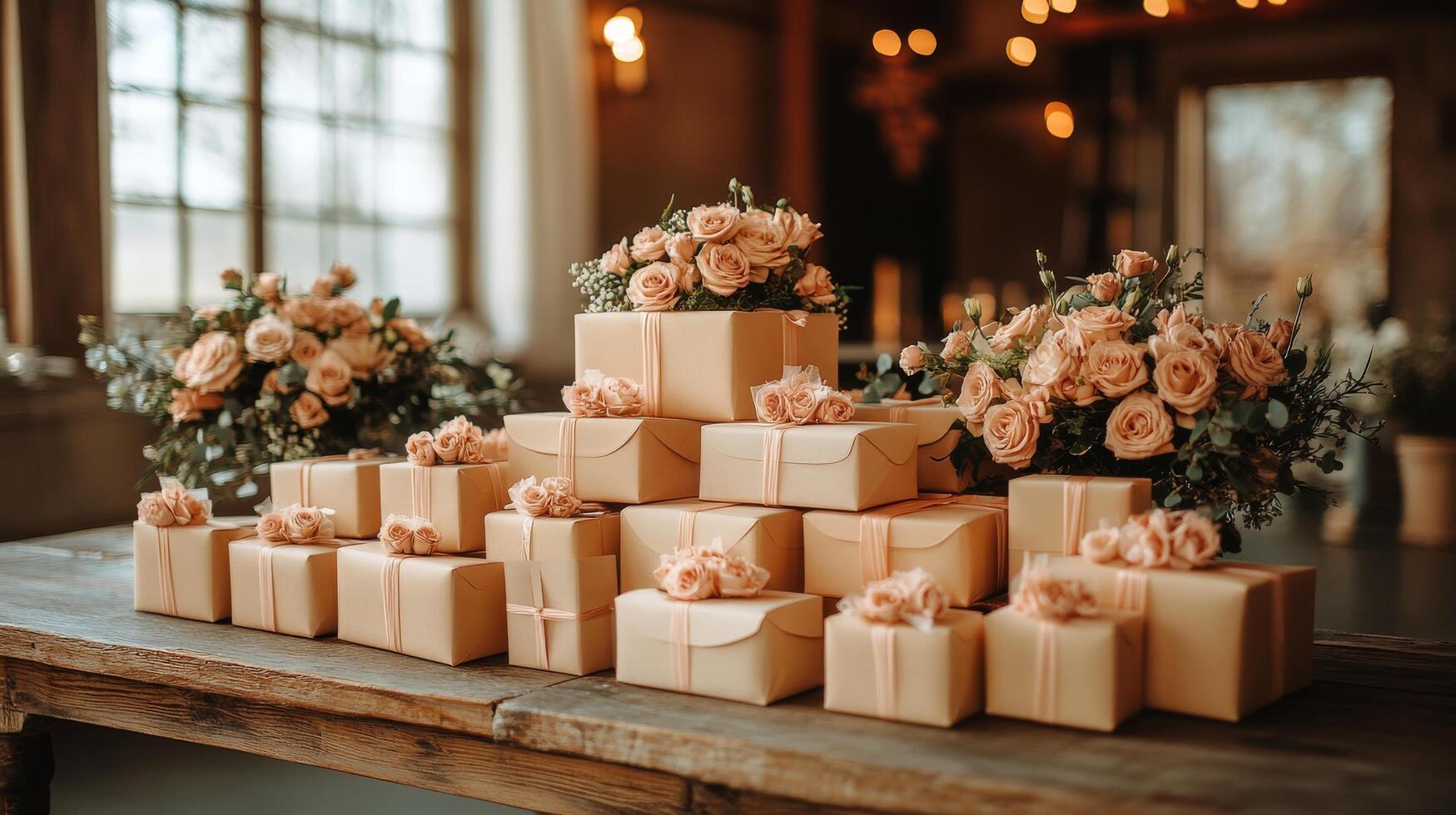A table with boxes of pink flowers and gift boxes photo