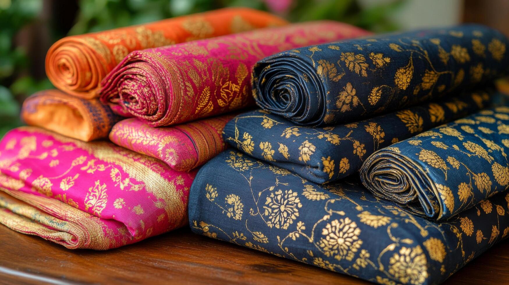 A pile of colorful silk fabric on a table photo