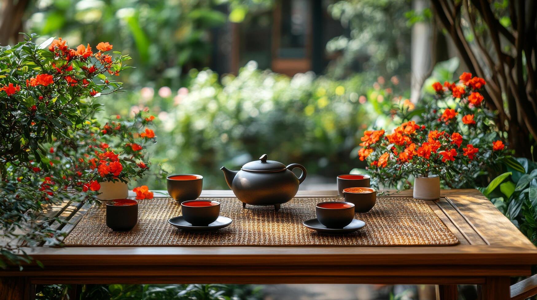 Tea set on a table in front of a garden photo