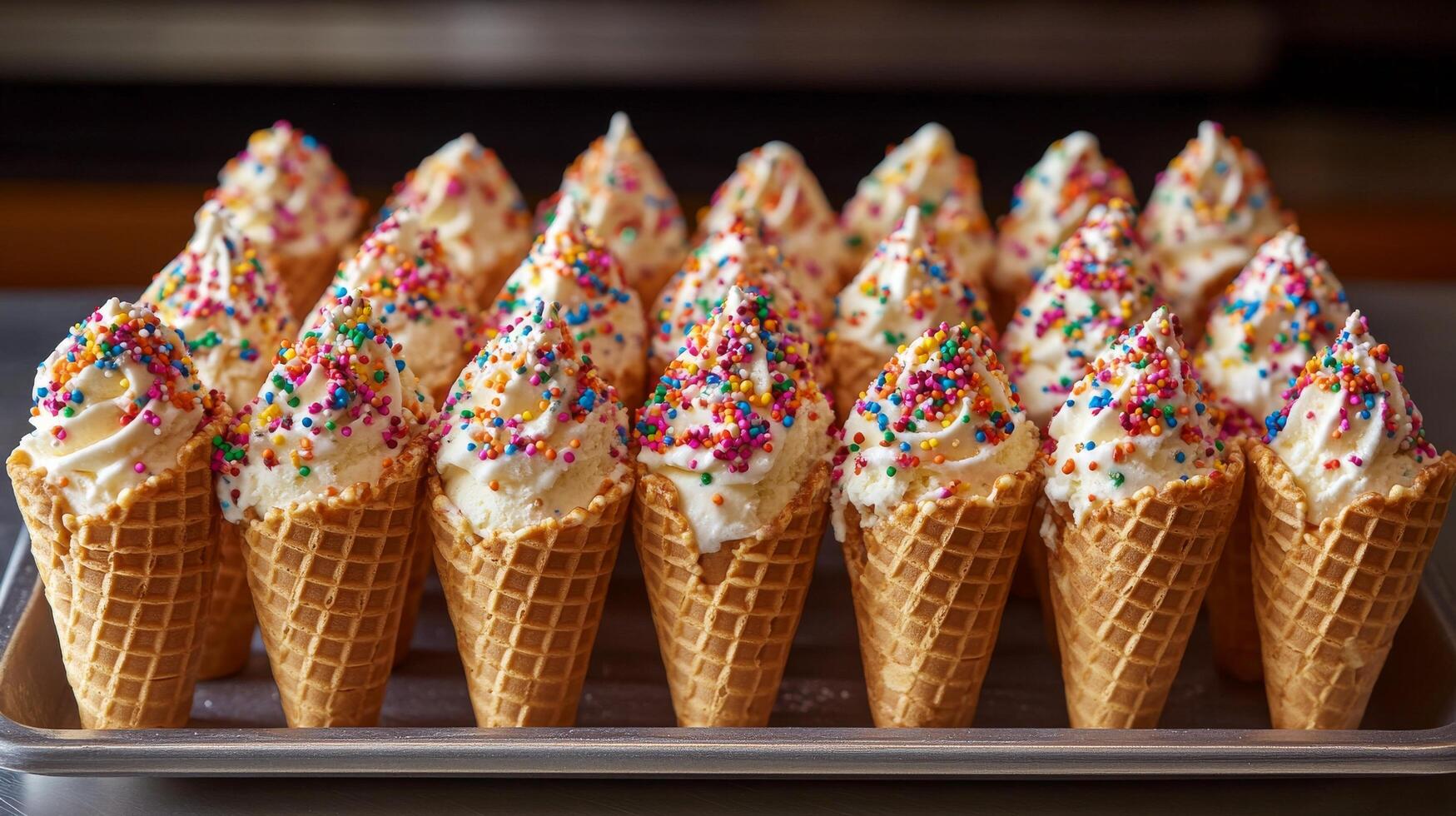 A tray of ice cream cones with sprinkles photo