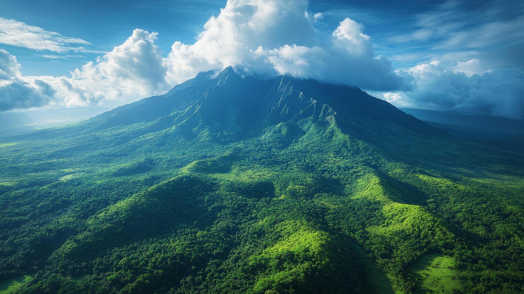 A mountain range with green vegetation and clouds photo
