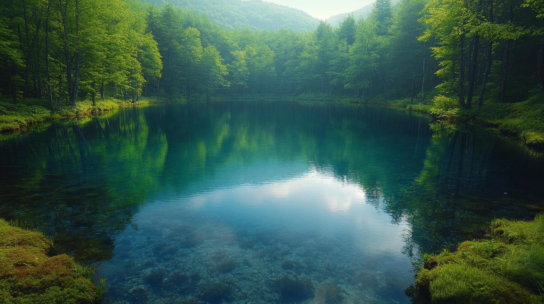 A lake surrounded by trees and green grass photo