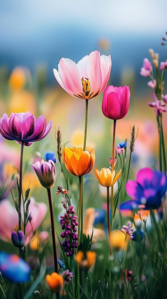 Colorful flowers in a field with a bee photo