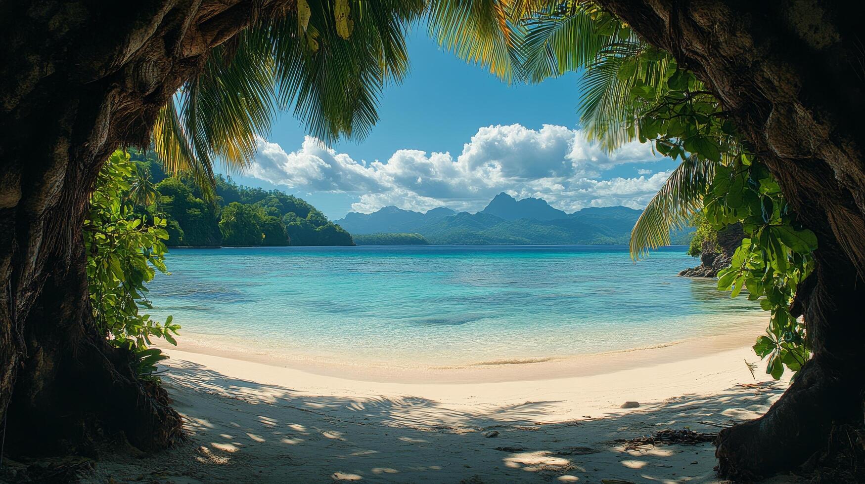 A beach with palm trees and a view of the ocean photo