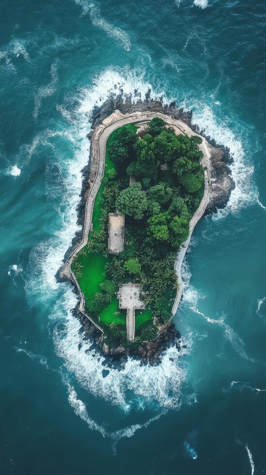 Aerial view of a small island in the middle of the ocean photo
