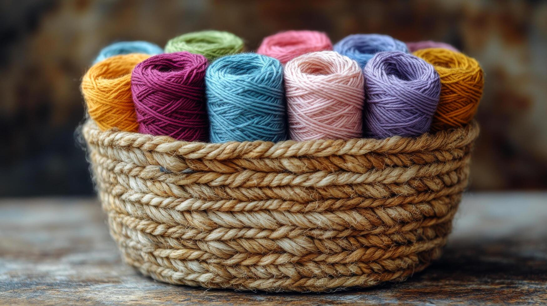 A basket filled with yarns on a wooden table photo