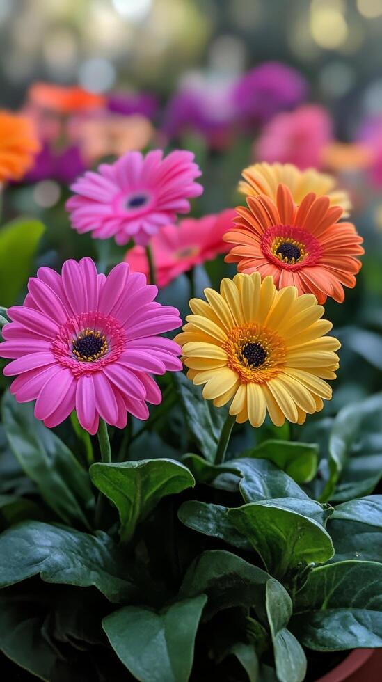 Colorful gerbera daisies in a pot photo