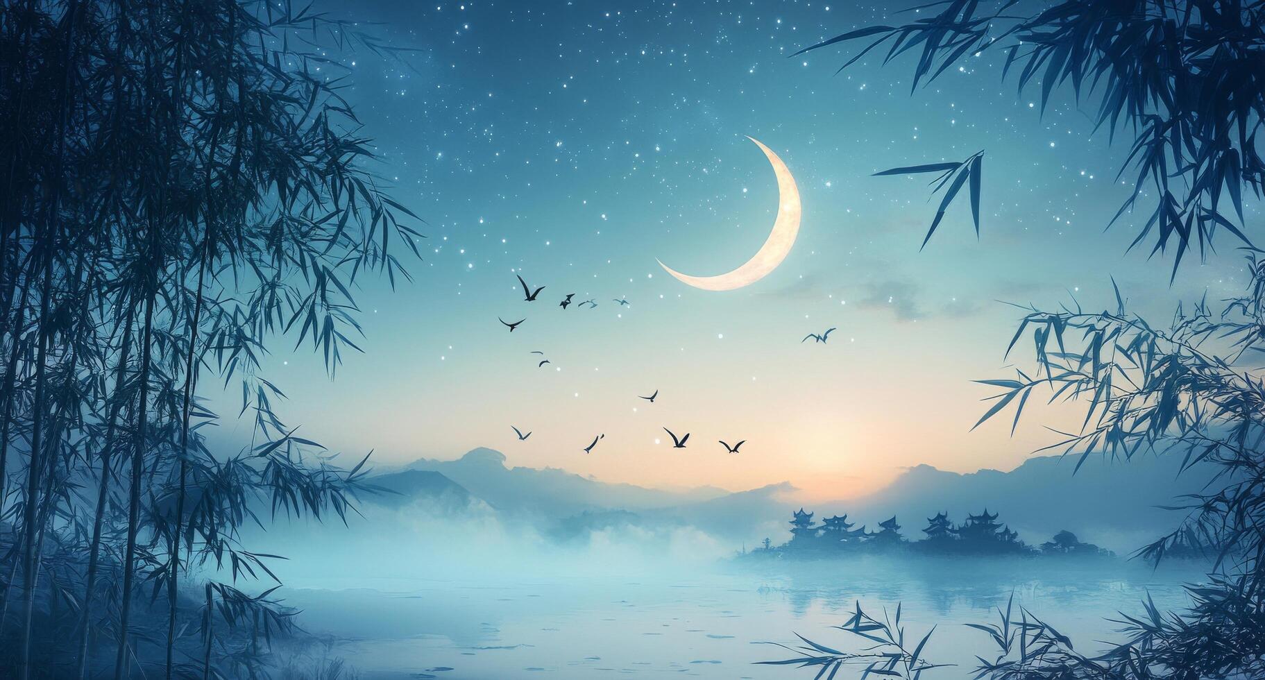 A beautiful night scene with a crescent moon and birds flying over a lake photo