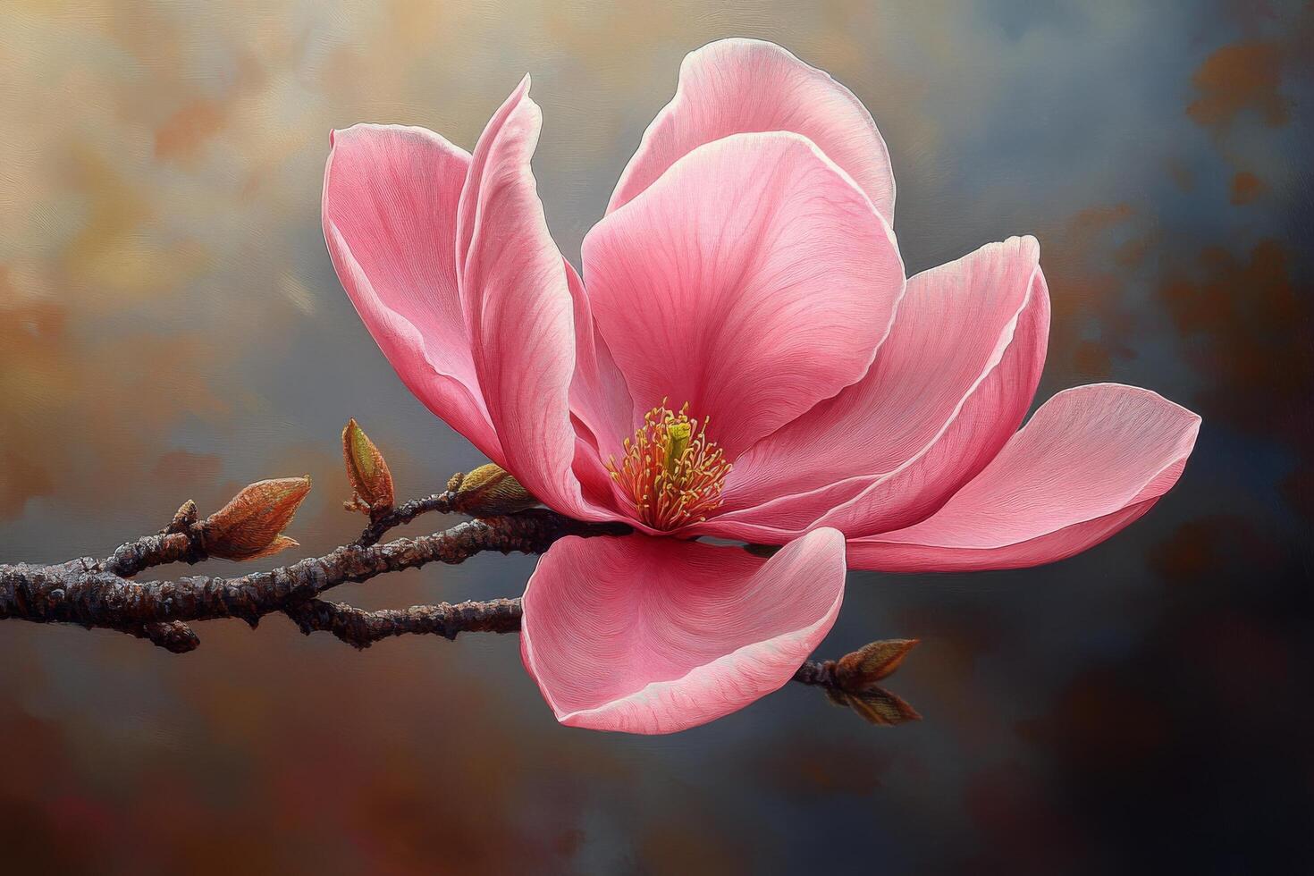 A painting of a pink flower on a branch photo