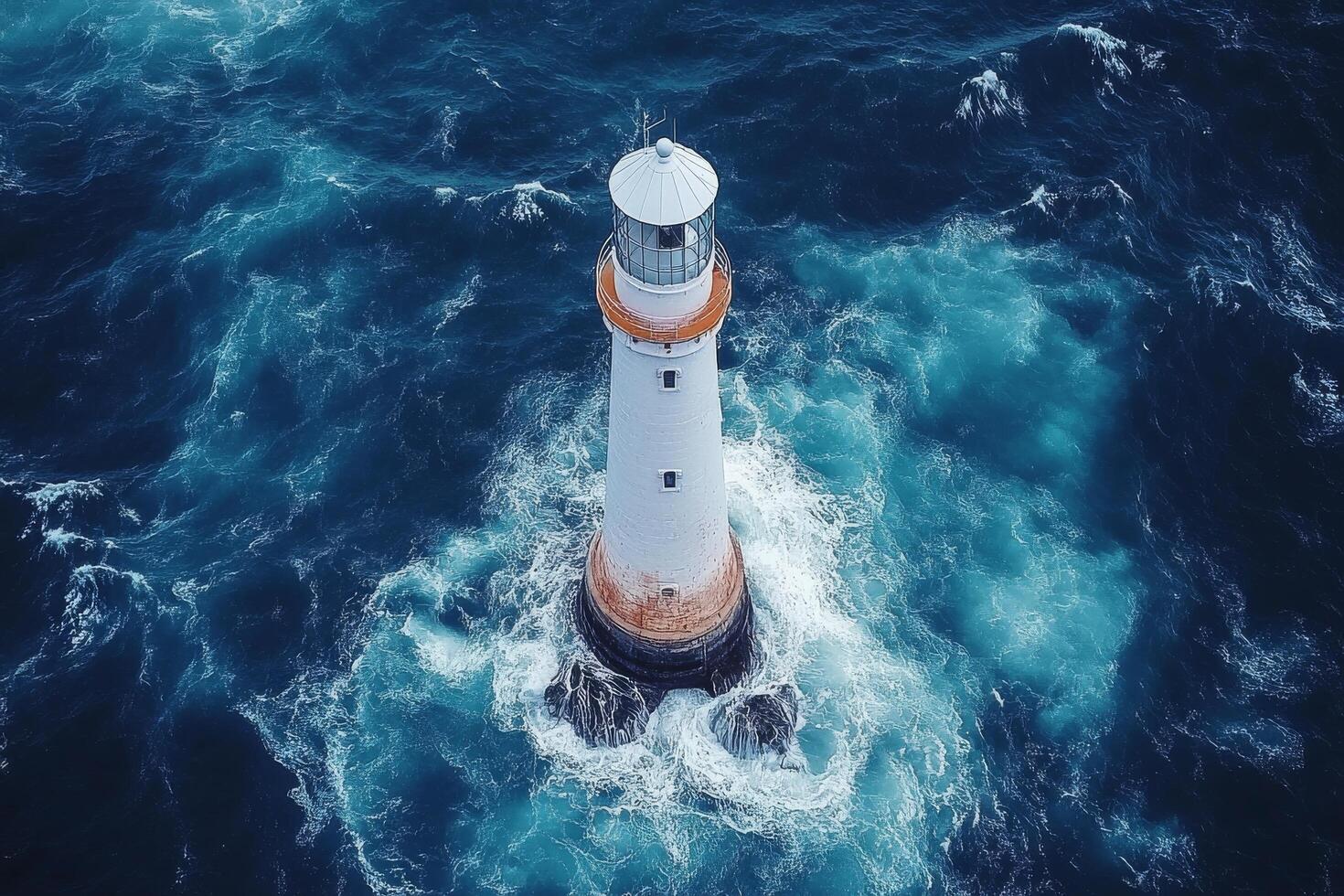 An aerial view of a lighthouse in the ocean photo