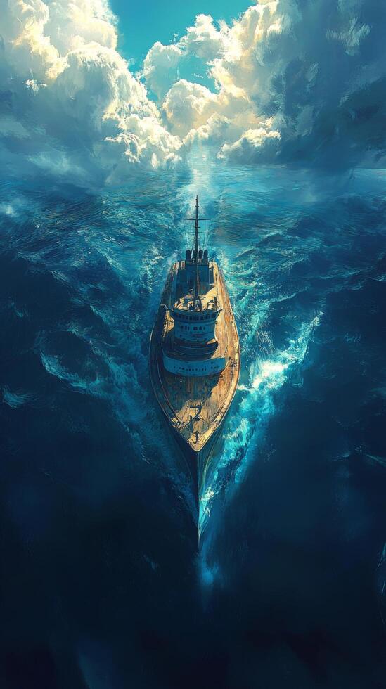 A ship in the ocean with clouds in the background photo