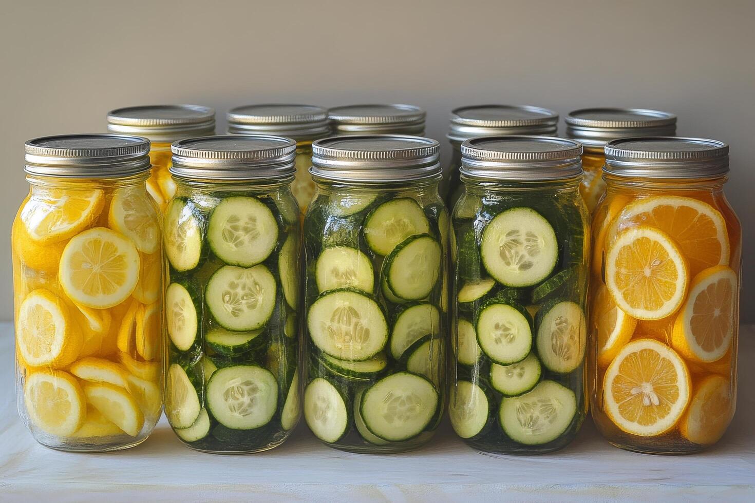 Six jars filled with sliced lemons and cucumbers photo