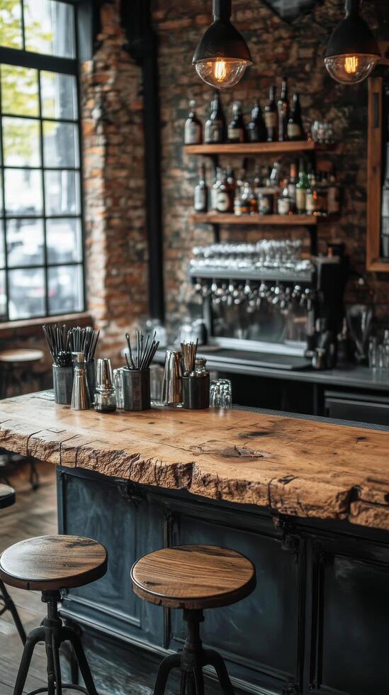 A bar with stools and a counter photo