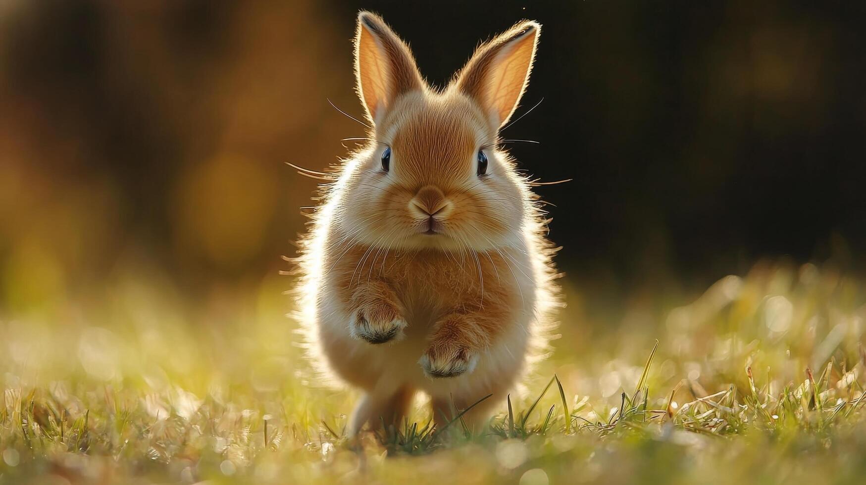 Small rabbit exploring green grass in a sunny park during late afternoon photo