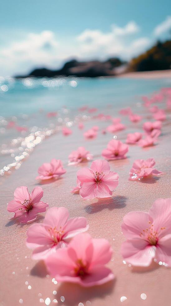 Pink cherry blossoms gently resting on the shoreline during sunset at a tranquil beach photo