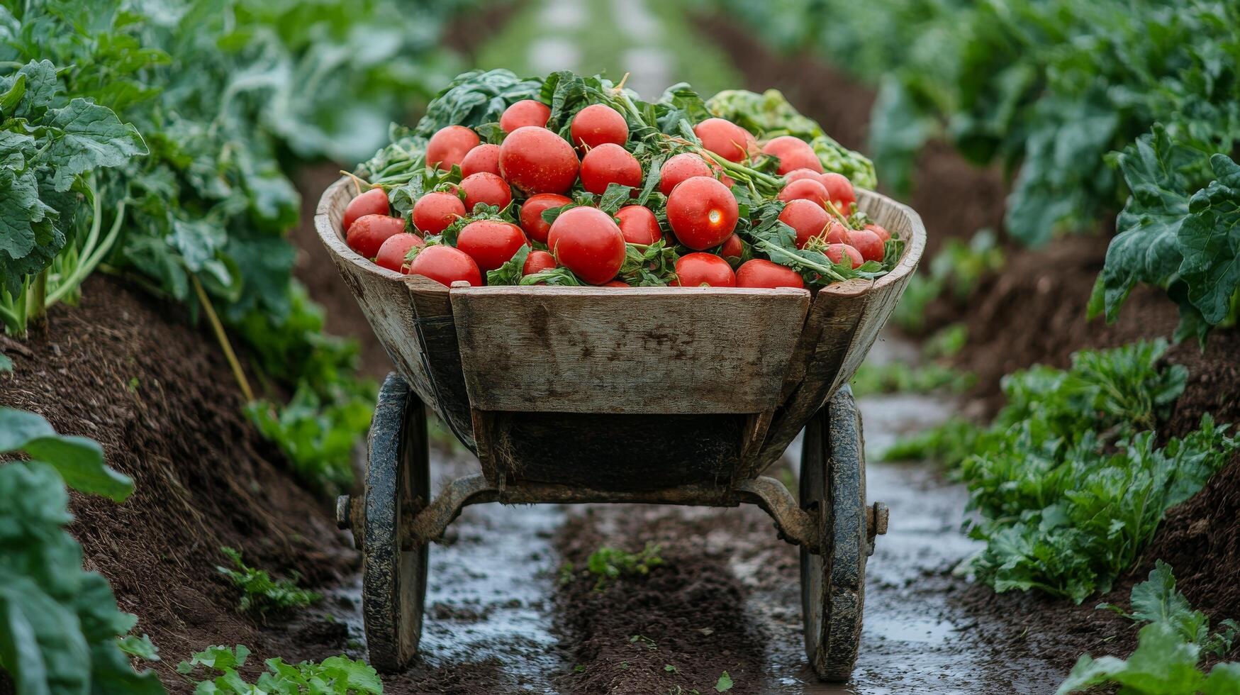 A wheelbarrow full of tomatoes on a farm photo