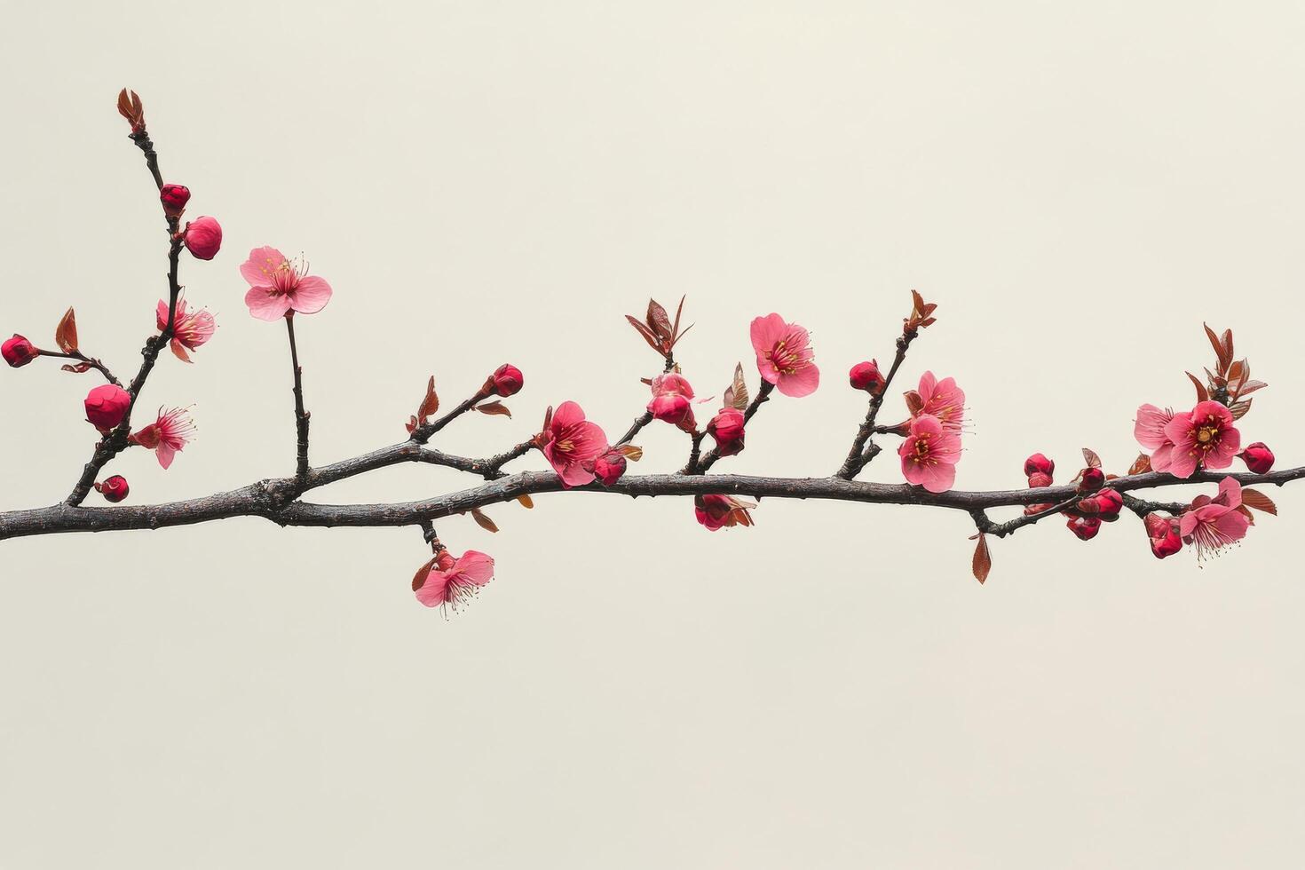 A branch of pink flowers is shown against a white background photo