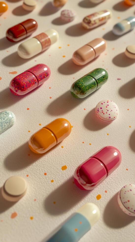 A collection of colorful pills arranged on a table photo