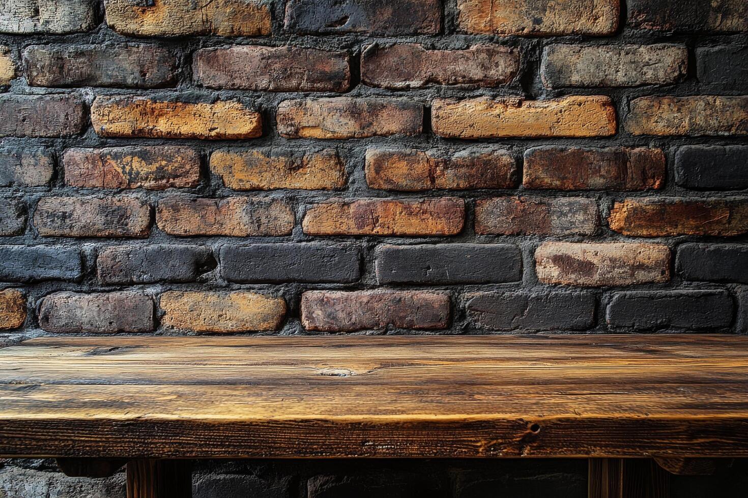 An empty wooden table in front of a brick wall photo