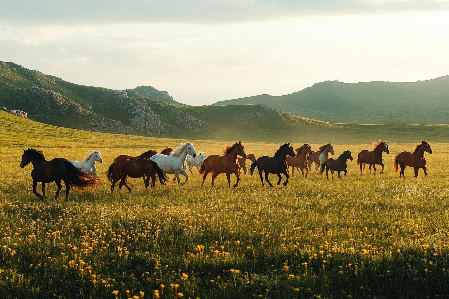 A herd of horses running in a field photo