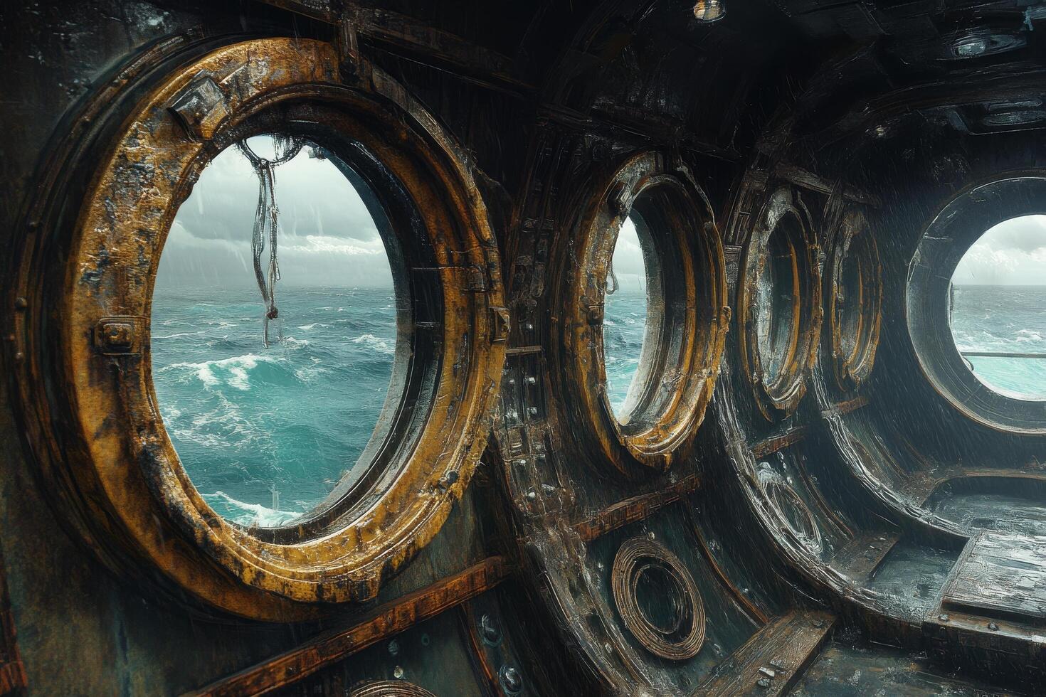 The interior of a ship with portholes and windows photo