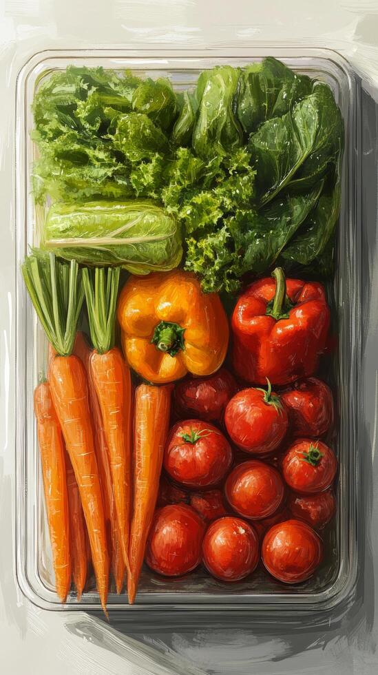 A painting of vegetables in a plastic container photo