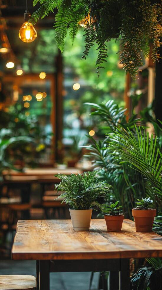 A table with potted plants and a lamp photo