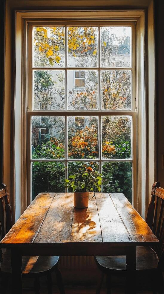 A table and chairs in front of a window photo